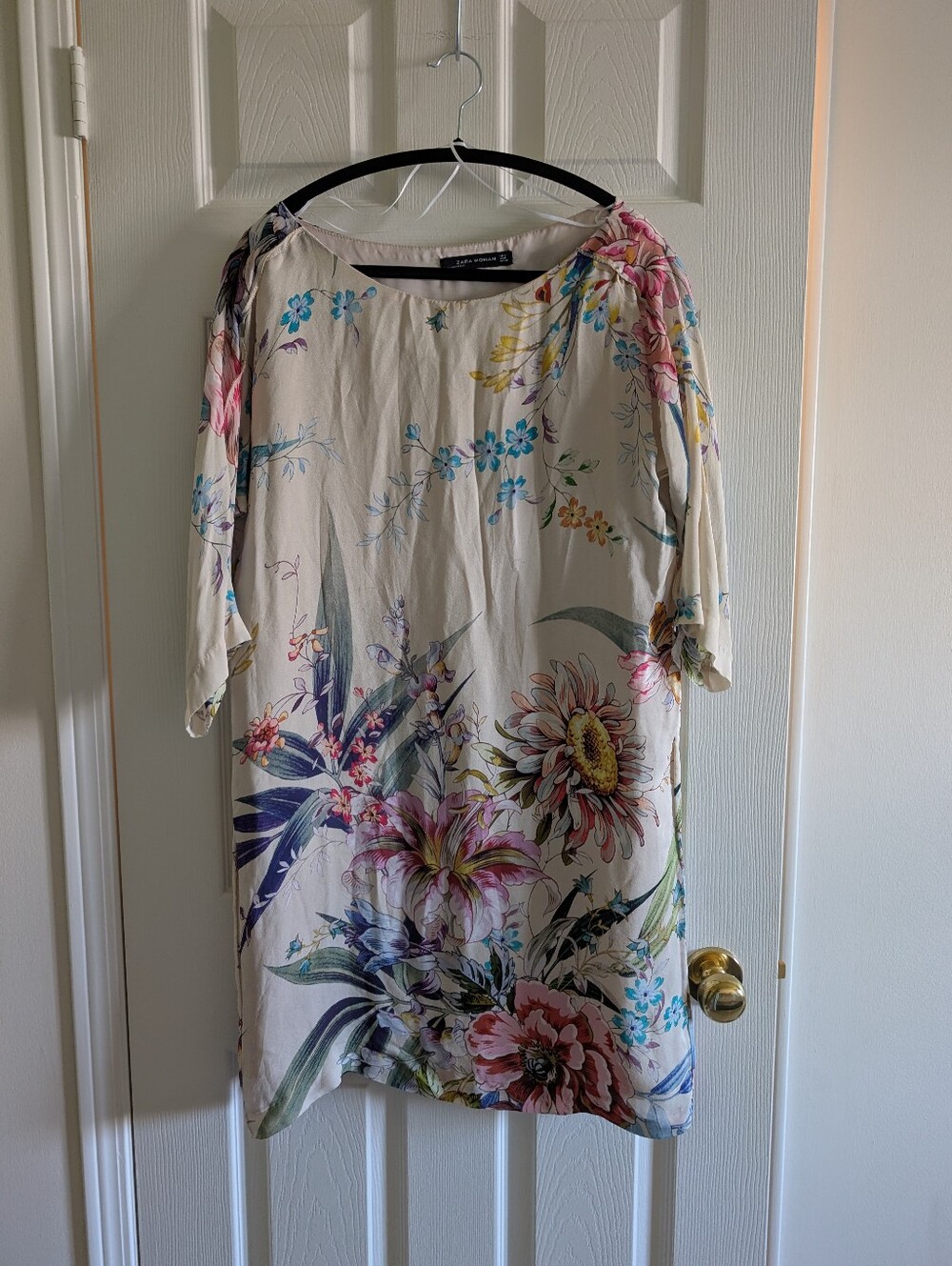 Zara Women Silk Dress With Floral Prints Rosy Cream Color Size L